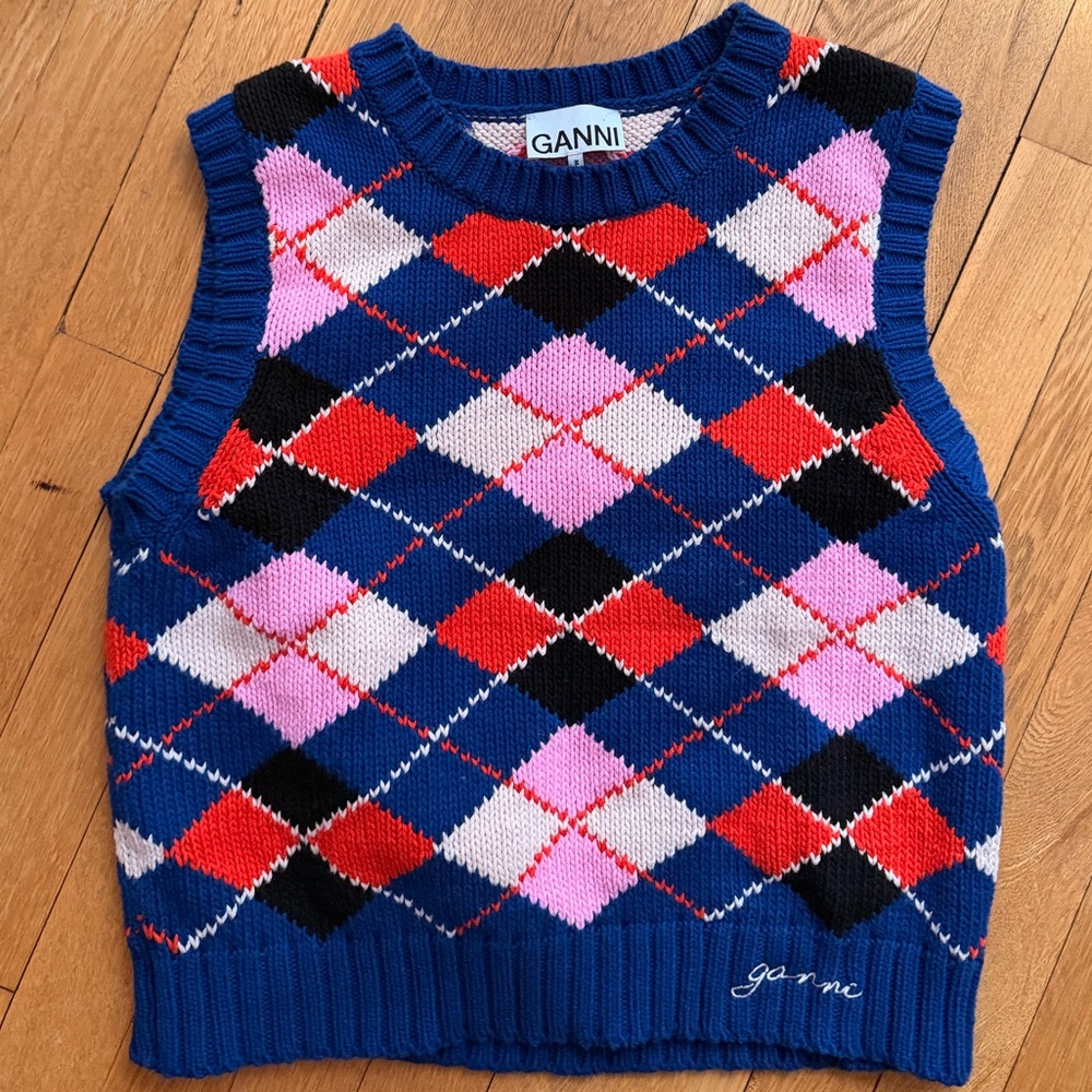 Ganni Blue Argyle Knit Sleeveless Vest with Pink Red Black Diamonds